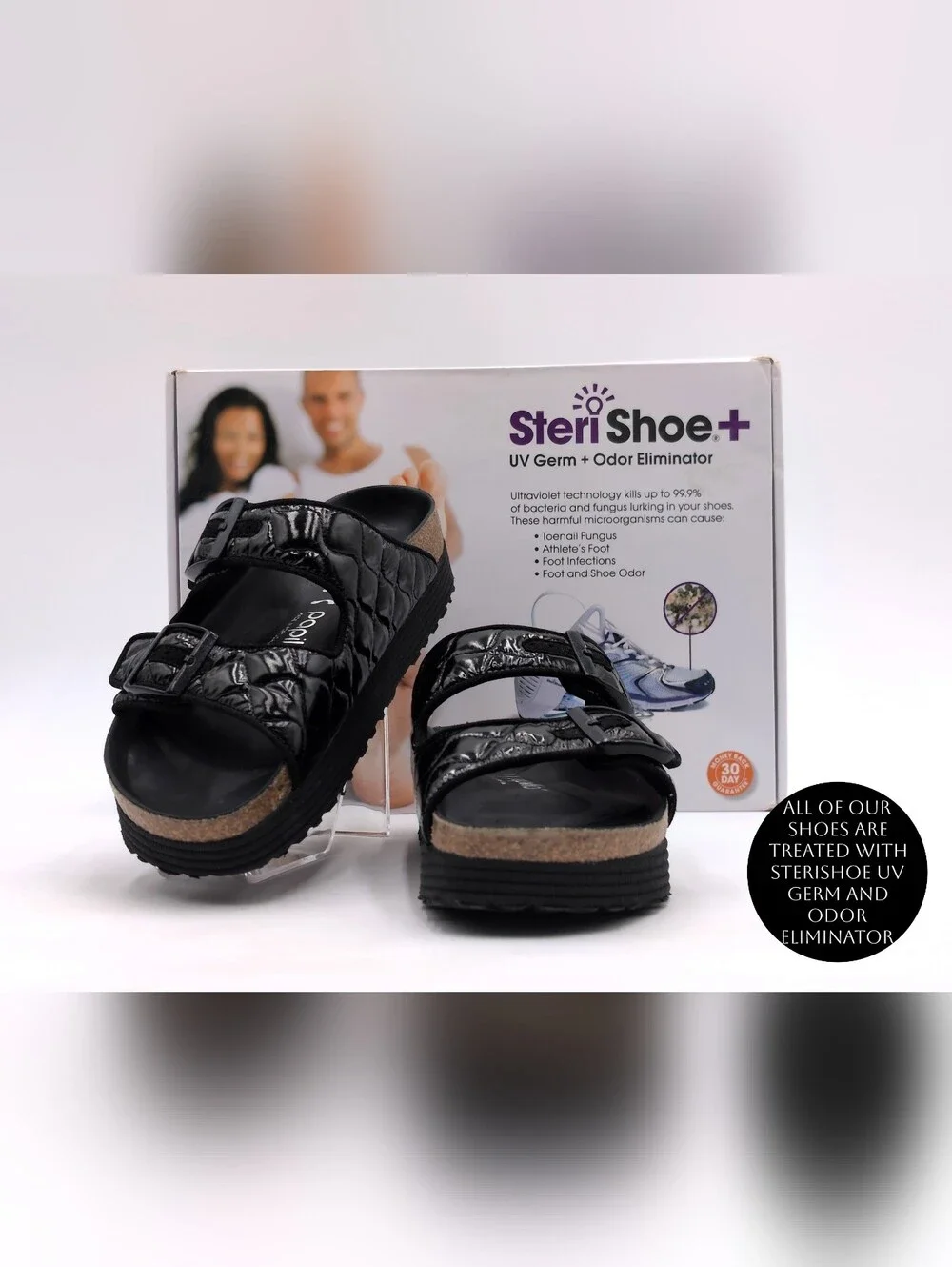 Papillio by Birkenstock Sz 7-7.5 Arizona Platform Padded Blk Patent-Like Sandals
